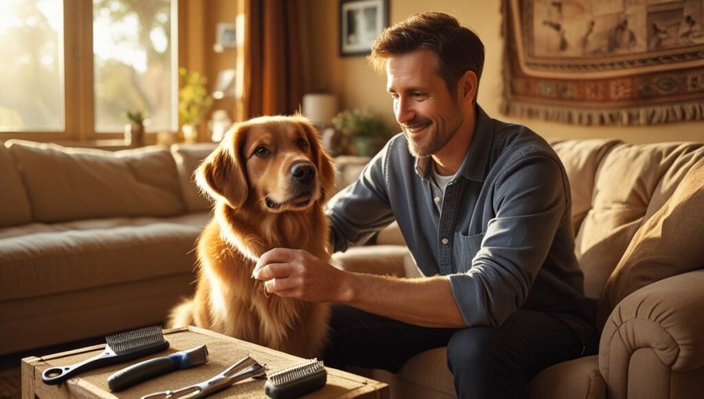 Pawsitive Coverage tips for creating a budget-friendly pet care routine with Michael grooming Luna at home.