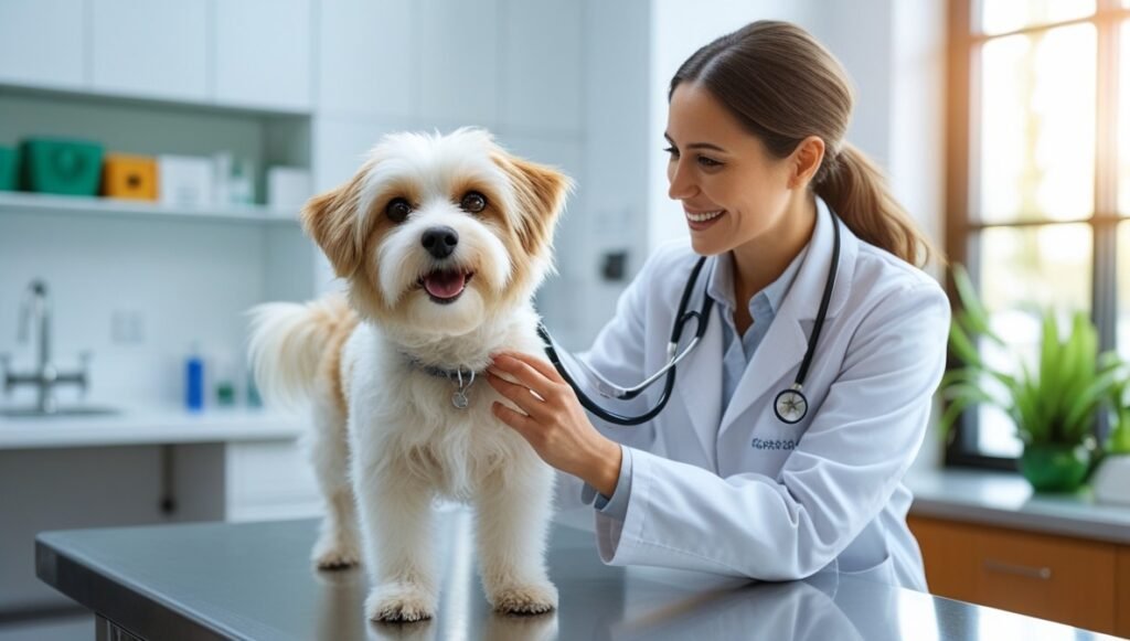 Pawsitive Coverage tips for creating a budget-friendly pet care routine with Luna at a vet visit.