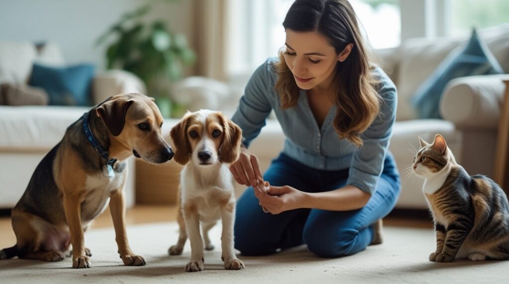 Pet owner examining a dog’s paw with a cat nearby, showcasing care for multi-pet household insurance needs with Pawsitive Coverage